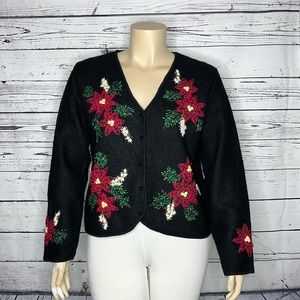 Coldwater Creek Size XXL Black - Poinsettia Wool Rabbit Hair Sweater Cardigan
